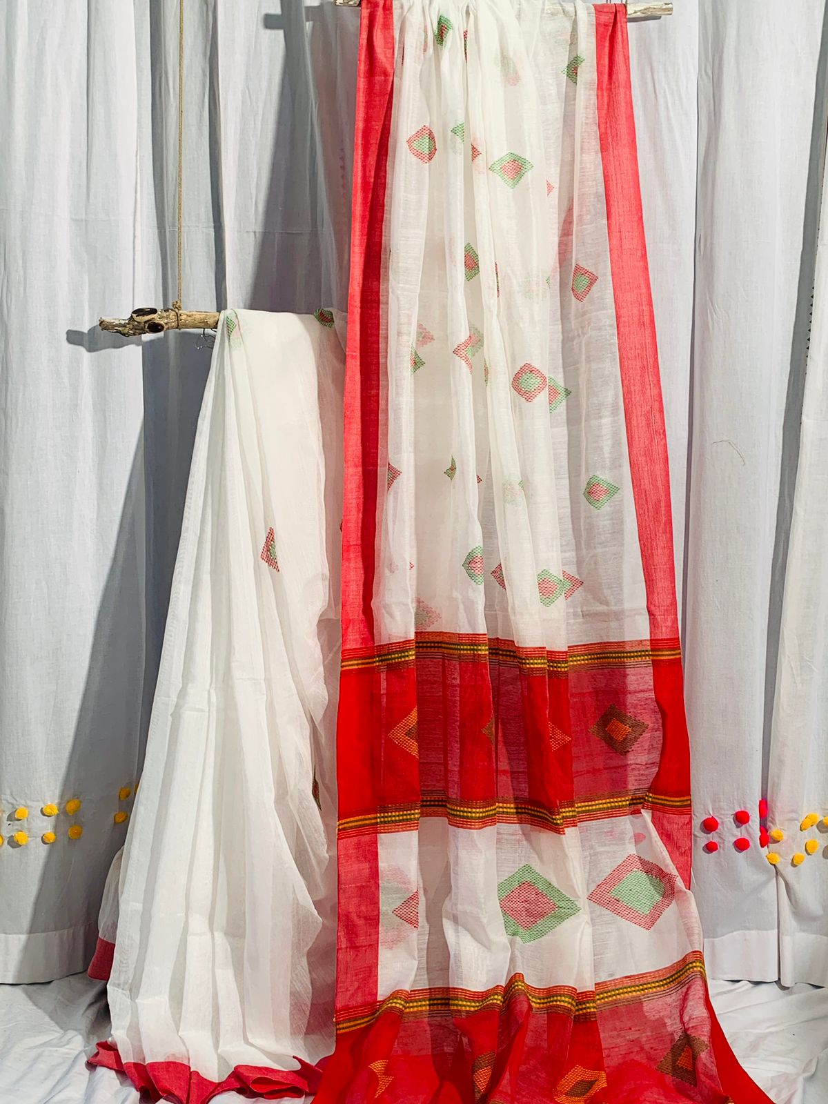 Bengal handloom Khadi cotton signature white saree with red border